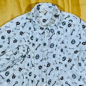 Jane & Delancey White w/black Heart Print Tuxedo Shirt Long Sleeve Rayon Women L